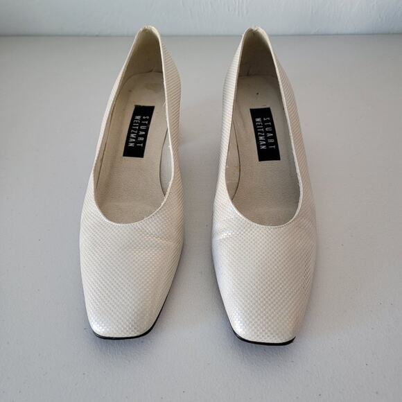 Stuart Weitzman Leather Block Heel Pumps Womens Size 9 Bone White Textured - Picture 2 of 15